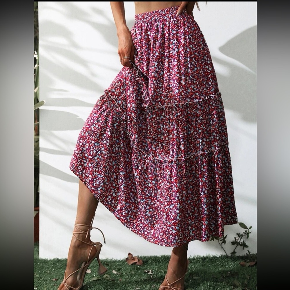 Boho ditsy floral print ruffle hem maxi skirt